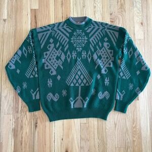 Vintage 90s GreatLand Nordic Fair Isle Sweater Green Gray Mens XL Cabin pullover